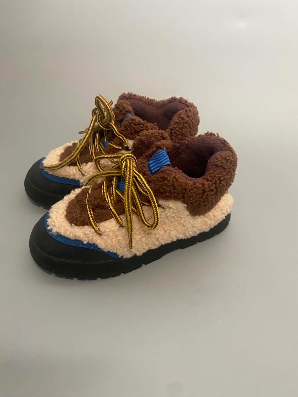 Zara Kids Brown, Cream and Blue Sherpa Lace-Up Boots